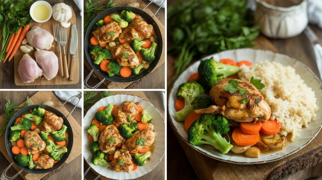 Step-by-step cooking process of garlic butter chicken and vegetables in a pan.”