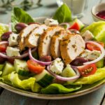 Greek salad and chicken slices served on a colorful Greek salad with tomatoes, cucumbers, olives, red onion, and feta cheese.