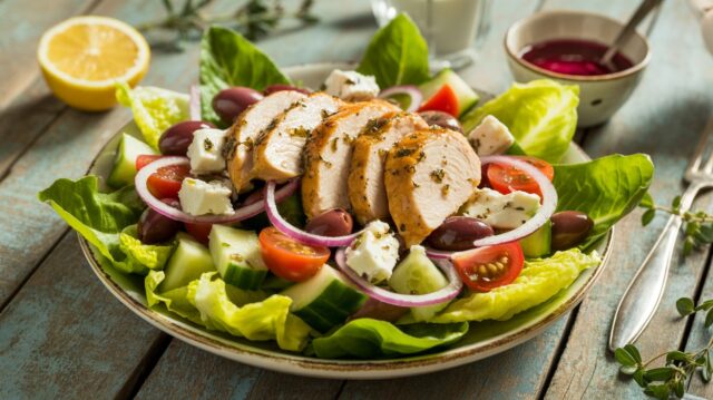 Greek salad and chicken slices served on a colorful Greek salad with tomatoes, cucumbers, olives, red onion, and feta cheese.