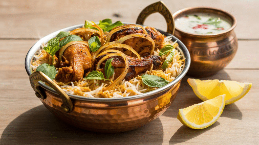Authentic chicken biryani dish served in a copper handi with saffron rice, fried onions, and herbs"