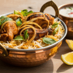 Authentic chicken biryani dish served in a copper handi with saffron rice, fried onions, and herbs"