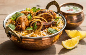 Best Chicken biryani dish Recipe For You – This is The Original!! Authentic chicken biryani dish served in a copper handi with saffron rice, fried onions, and herbs"