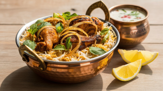 Authentic chicken biryani dish served in a copper handi with saffron rice, fried onions, and herbs"