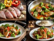 25 Simple and Delicious Dinner Ideas for Every Night of the Week “Flat lay of easy dinner ideas including healthy meals, pasta, and chicken dishes on a dinner table.”