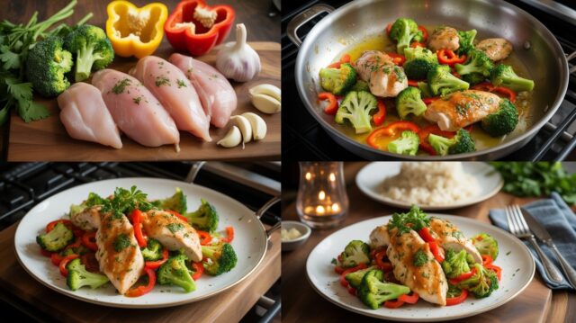 “Flat lay of easy dinner ideas including healthy meals, pasta, and chicken dishes on a dinner table.”